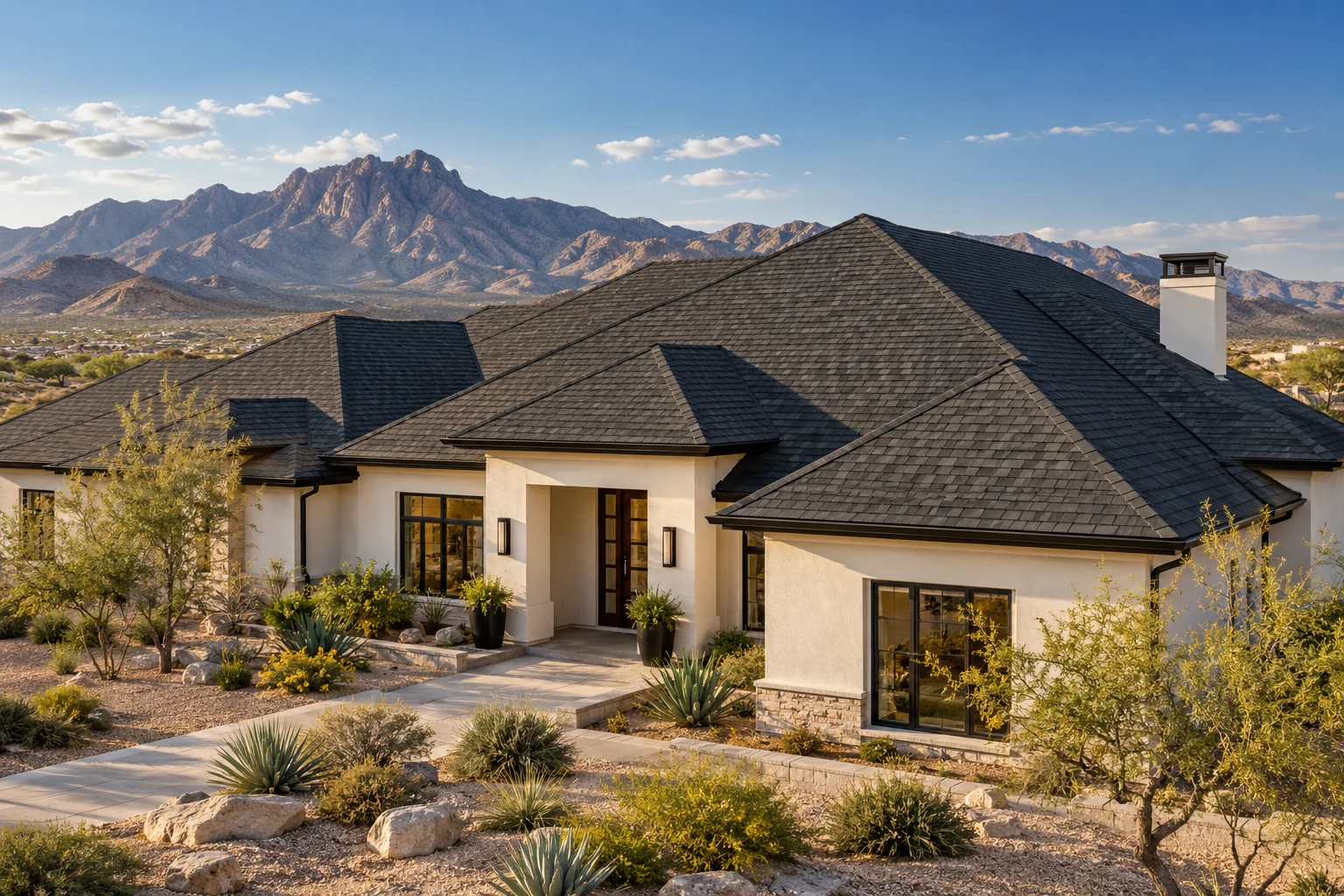 Illustrative Southwestern home with a charcoal shingle roof and desert mountain backdrop