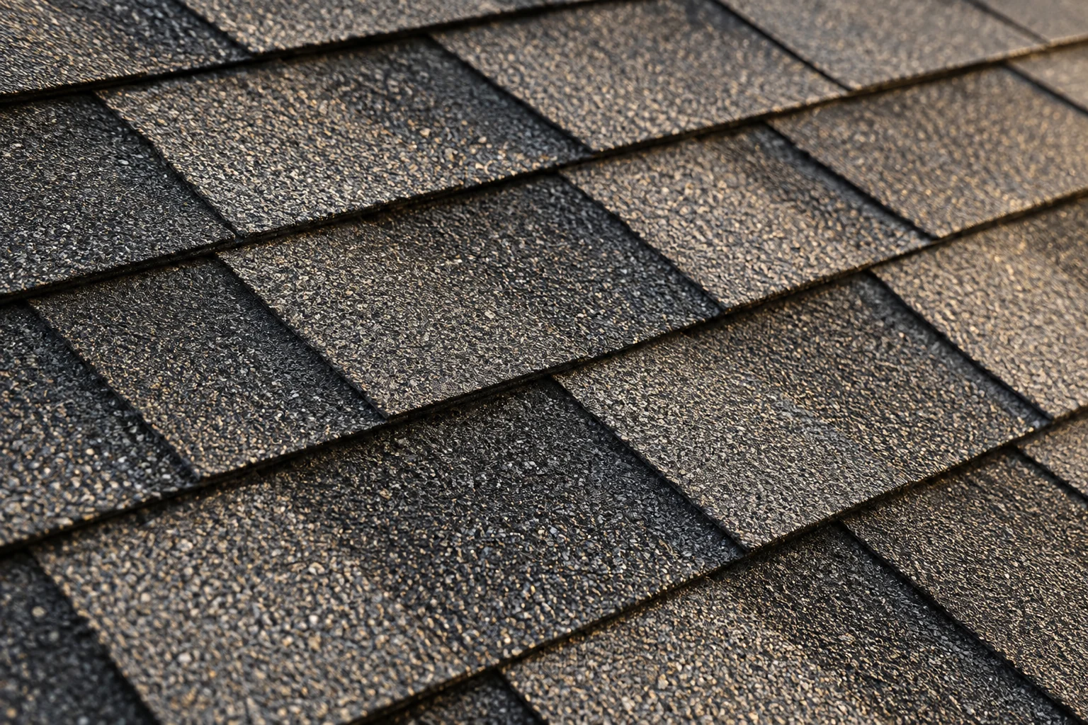 Illustrative close-up of overlapping charcoal roofing shingles